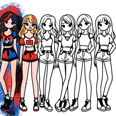 a group of girls wearing crop tops and shorts