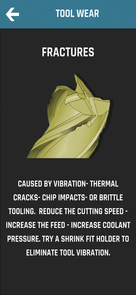 CNC Machinist Calculator Pro - A screen from the CNC Machinist Calculator Pro app showing a guide for tool wear fractures with an illustration and machining tips