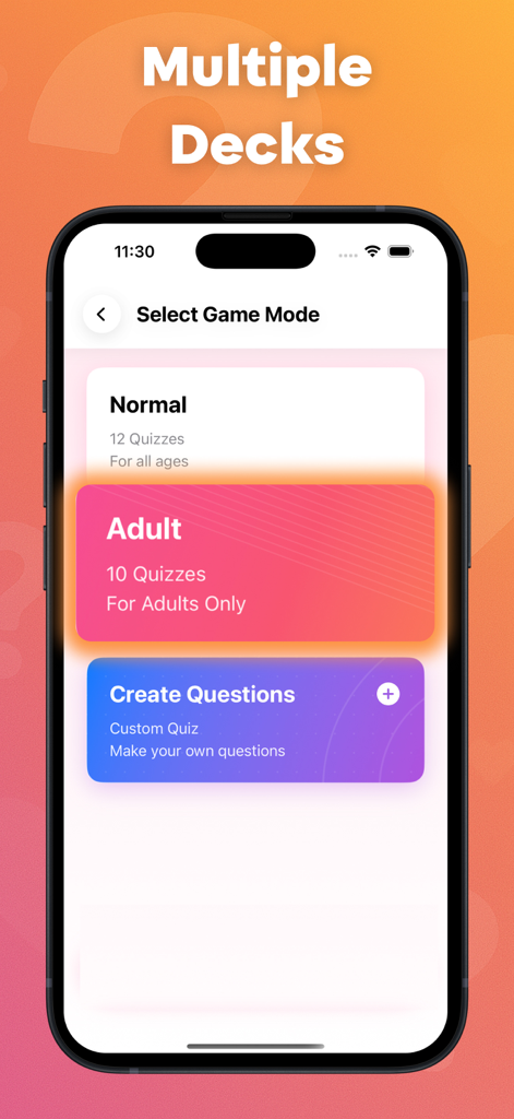 Who Knows Me Better ? - Interface of the Who Knows Me Better app showing different quiz modes including Normal, Adult, and Custom decks.
