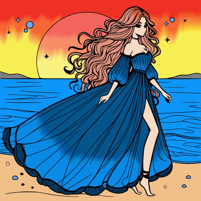beautiful woman with a vaporous long dress walking on the beach at the noon, detailed art