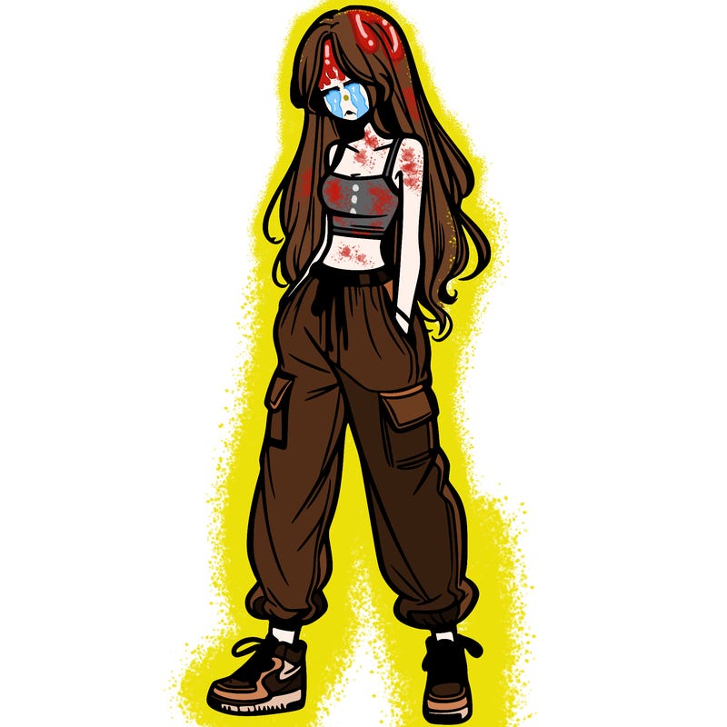 girl in baggy pants crop top and long hair