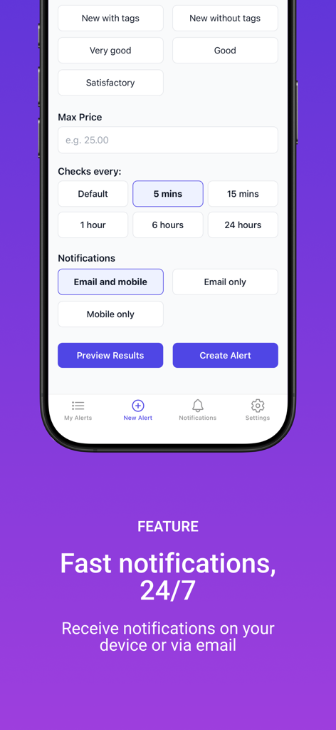 Interfaz de la aplicación Vinotify para configurar alertas de búsqueda personalizadas de Vinted y frecuencia de notificación