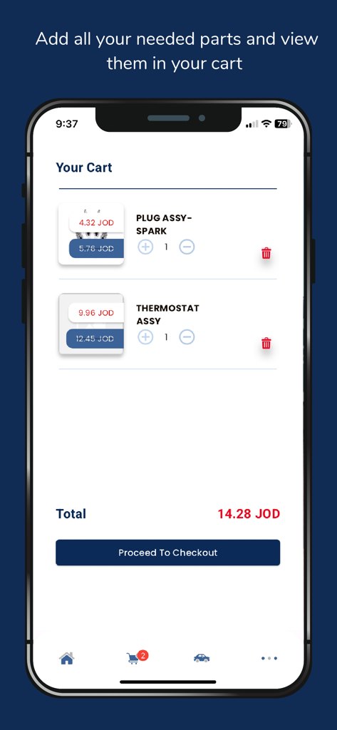 Hyundai-Jordan - Bildschirm der mobilen App zeigt den Warenkorb mit Autoteilen und eine Schaltfläche zum Fortfahren zur Kasse