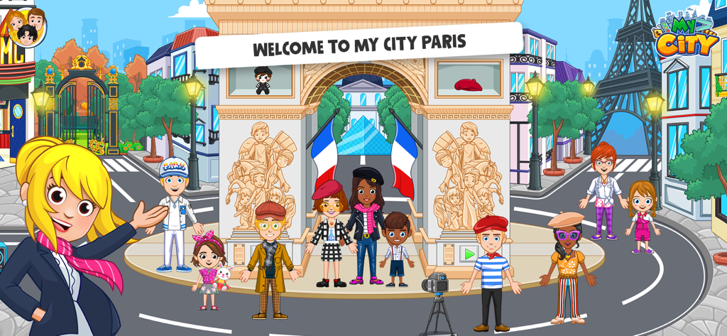My City: Paris Family Trip - パリの凱旋門の前でポーズをとる、多様なカートゥーンキャラクターたち