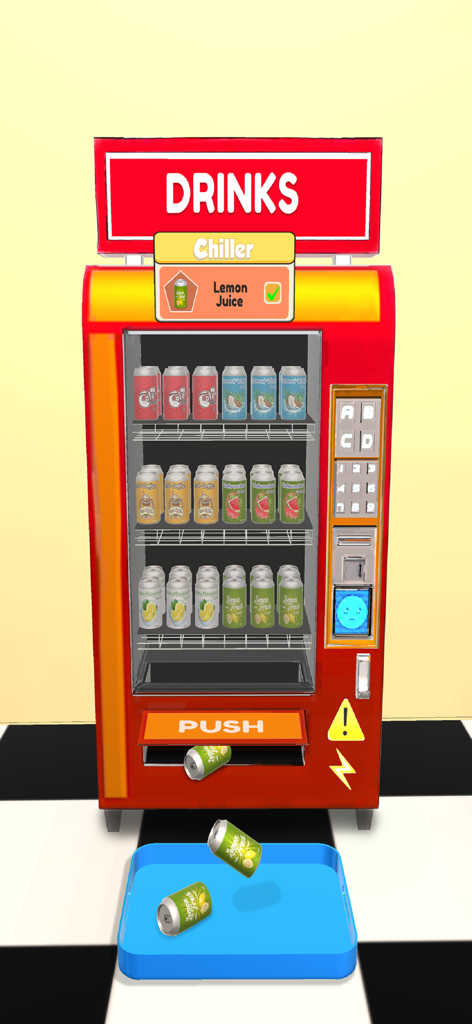 Uma máquina de bebidas 3D dispensando latas de suco de limão no Cantinho Refrigerador da simulação do restaurante.