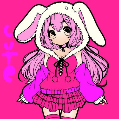 pretty anime girl wearing a fluffy hoodie with bunny ears on the hood and a skirt