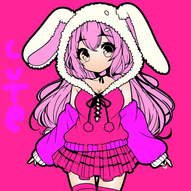 pretty anime girl wearing a fluffy hoodie with bunny ears on the hood and a skirt