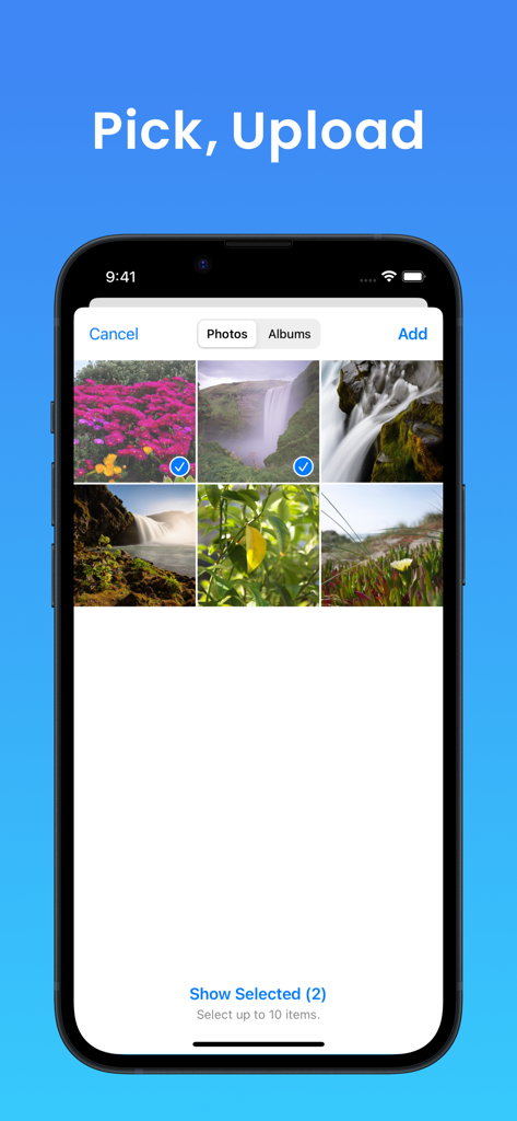 Interfaz de la aplicación móvil Gyazo para seleccionar y subir fotos de la galería de un smartphone