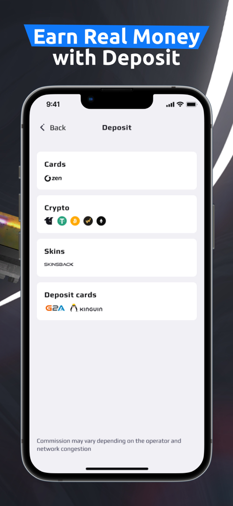 White Market App-Einzahlungsbildschirm, der Zahlungsmethoden einschließlich Krypto und Skins zeigt