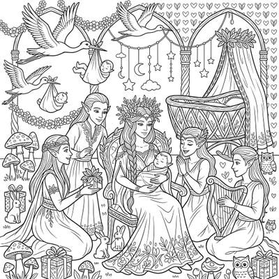 Immerse yourself in a magical elven baby shower with this beautifully detailed coloring page. Featuring graceful elves, storks, and whimsical nursery elements, it's perfect for a relaxing and creative experience.