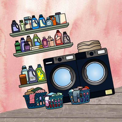 laundry room with clothes shelves with laundry products washer and dryer