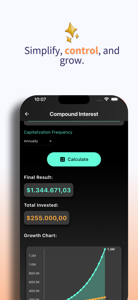 CuentaPro: Finance & Business - Interfaz de la calculadora de interés compuesto de la aplicación CuentaPro mostrando un gráfico de crecimiento de inversiones