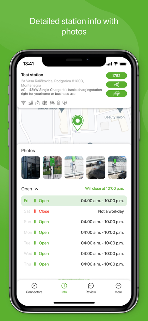 Greencar.me Charge - Vista detallada de una estación de carga de vehículos eléctricos con fotos y horario semanal en la aplicación Greencar.me.