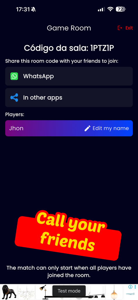 Who is the Impostor? - Tela da sala de jogo Quem é o Impostor mostrando um código de sala e opções para convidar amigos via WhatsApp ou outros aplicativos.