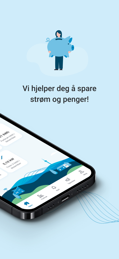 Mitt NTE - A person holding a large piggy bank above a smartphone showing the Mitt NTE app dashboard with energy consumption data.