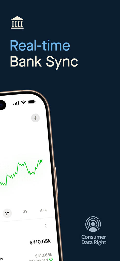 Gather - Tela do aplicativo Gather mostrando sincronização bancária em tempo real e gráfico de crescimento de portfólio