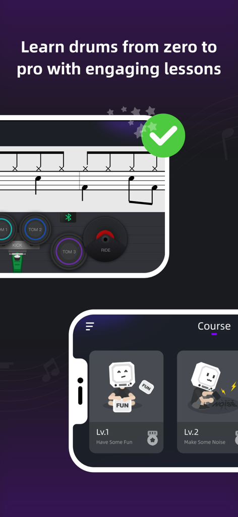 InstaDrum Mobile App mit Schlagzeugnoten und stufenbasierten Lernkursen