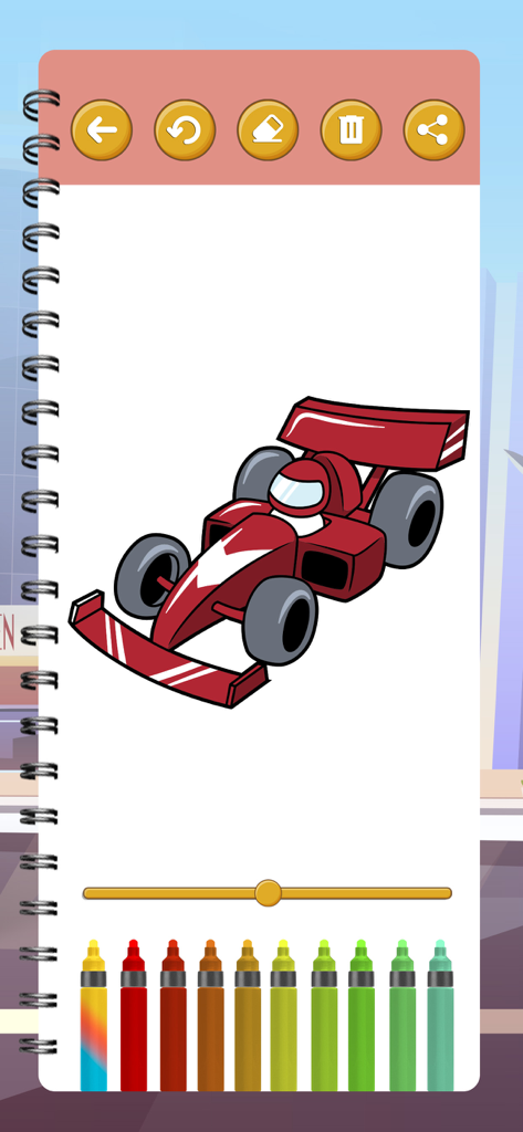 Cars Coloring Book and Pages - A red race car in a digital coloring book app for kids with various colored markers