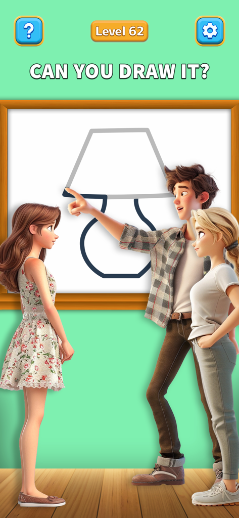 Characters pointing at a lamp drawing in One Line Drawing Puzzle Game level 62