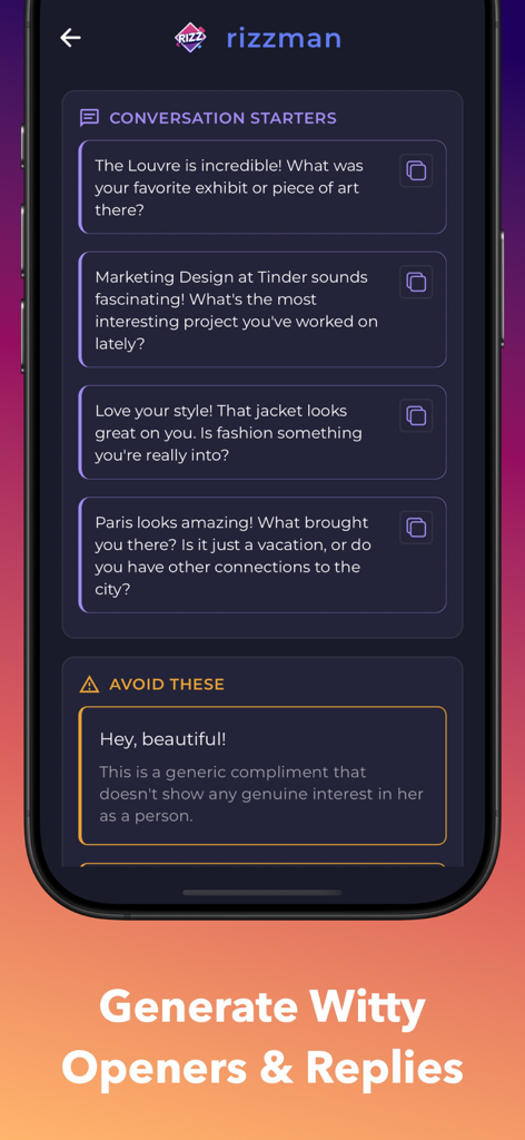 Rizz App - AI Dating Wingman - Una pantalla de smartphone mostrando starters de conversación de citas generados por IA y consejos sobre qué mensajes evitar.
