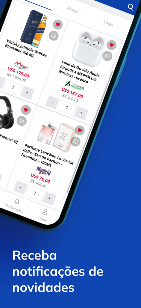 Product grid in Compras Paraguai app showing prices and store names