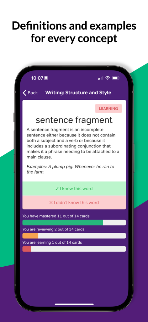 SAT Flashcards: Prep & Vocab - Interfaz de la aplicación móvil mostrando una tarjeta de memoria SAT de escritura para fragmentos de oraciones con ejemplos de definición y barras de seguimiento de progreso