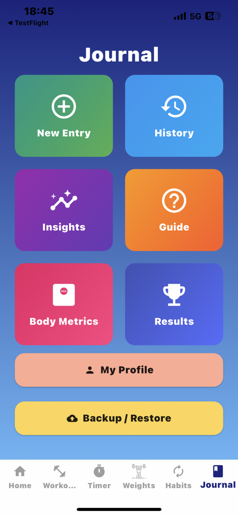The RowAlong App - The RowAlong App Journal dashboard with tiles for new entry history insights guide body metrics and results