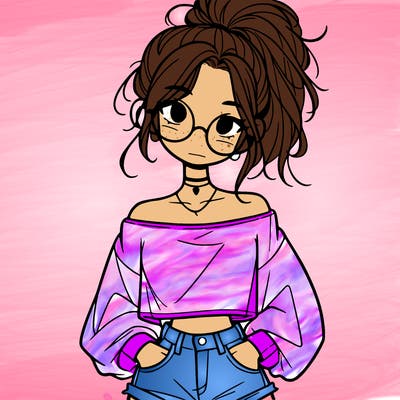 girl with a messy ponytail glasses a baggy crop top and jean shorts