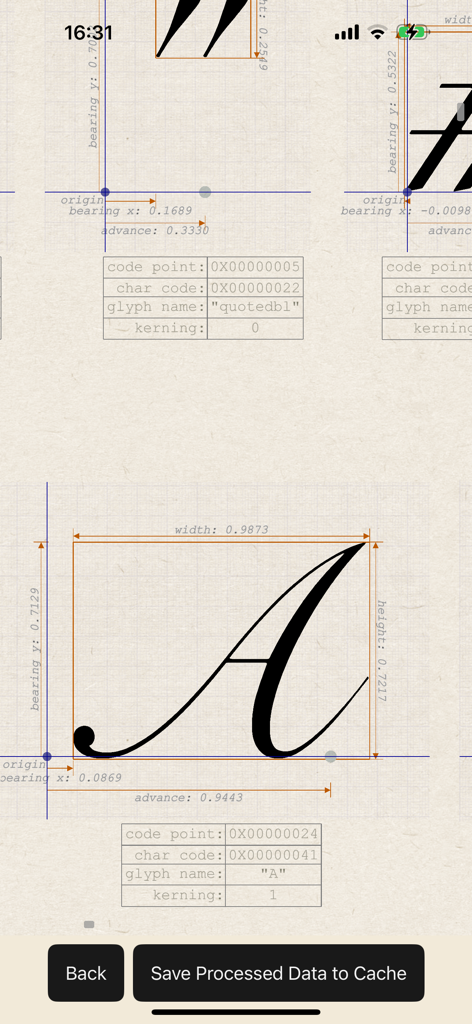 Font Visualizer Pro - Visualización técnica que muestra métricas detalladas y datos de caracteres para un glifo de fuente