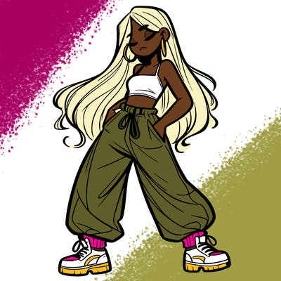 girl in baggy pants crop top and long hair