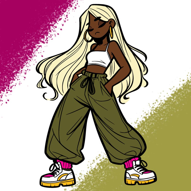 girl in baggy pants crop top and long hair