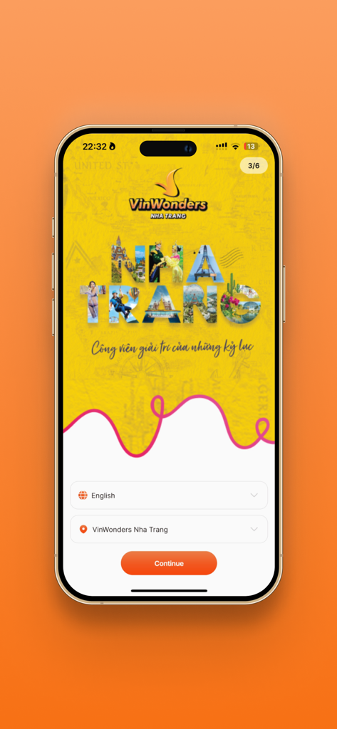 VinWonders - Welcome screen of the VinWonders app showing the Nha Trang park selection and language options.