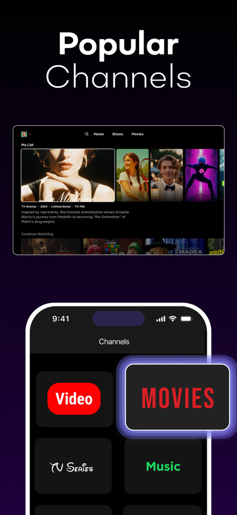 UniRemote: Smart TV Control - iPhone displaying UniRemote app with shortcut buttons for movies, TV series, and music next to a smart TV interface.