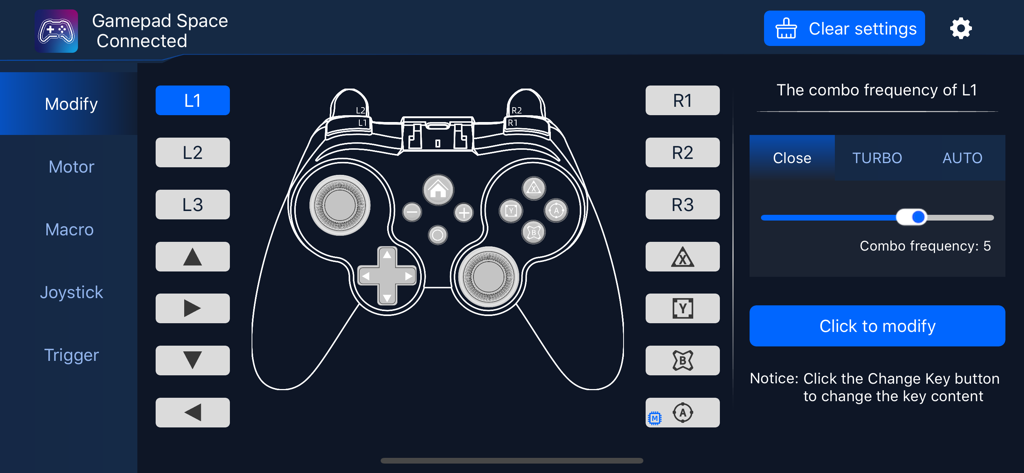 Gamepad Space - Gamepad Space app interface showing customization options for controller button mapping and combo frequency settings.