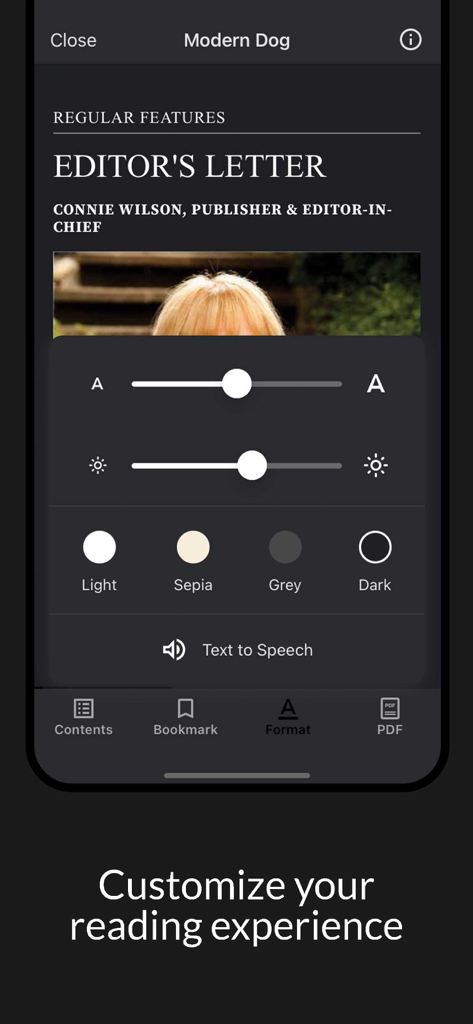 Modern Dog - Interface of Modern Dog app showing reading customization options like text size and color themes