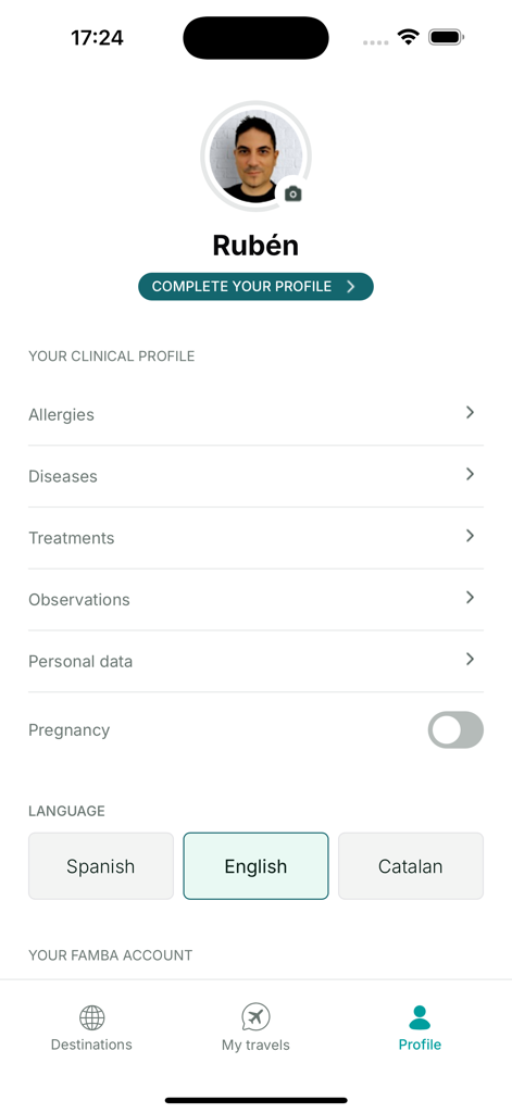 famba - User profile screen of the famba travel health app displaying clinical profile options and language selection
