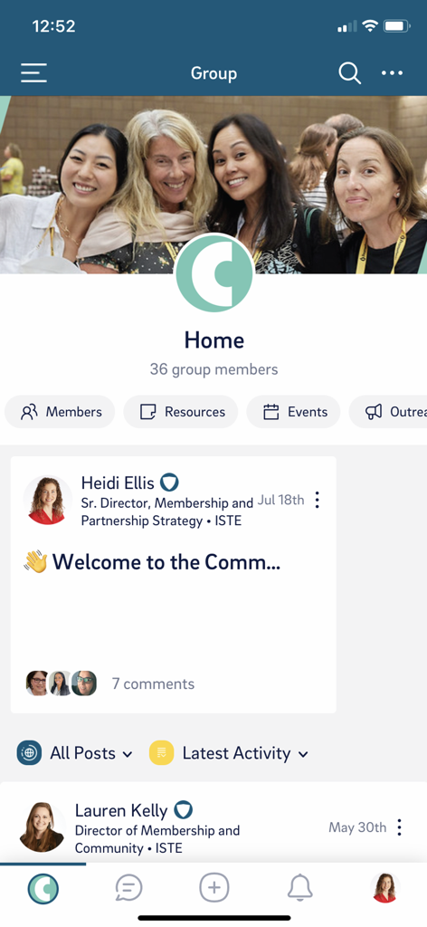 Connect (ASCD+ISTE) - Interface of the Connect app showing a group feed for educators with member posts and navigation tabs