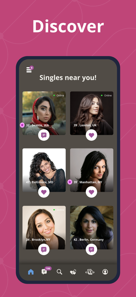 Pantalla de descubrimiento de la aplicación de citas IranianPersonals que muestra varios perfiles de solteros iraníes