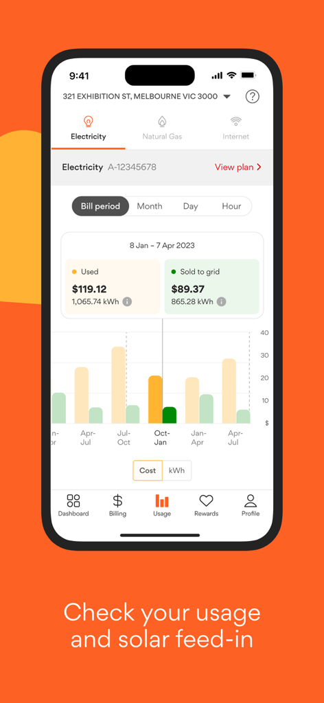 Origin Energy app interface showing electricity usage graphs and solar feed-in credits