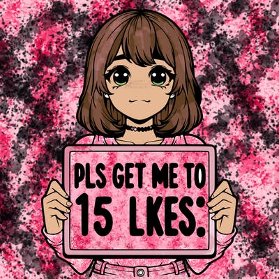 realistic girl holding up a sign that says “pls get me to 15 likes!”