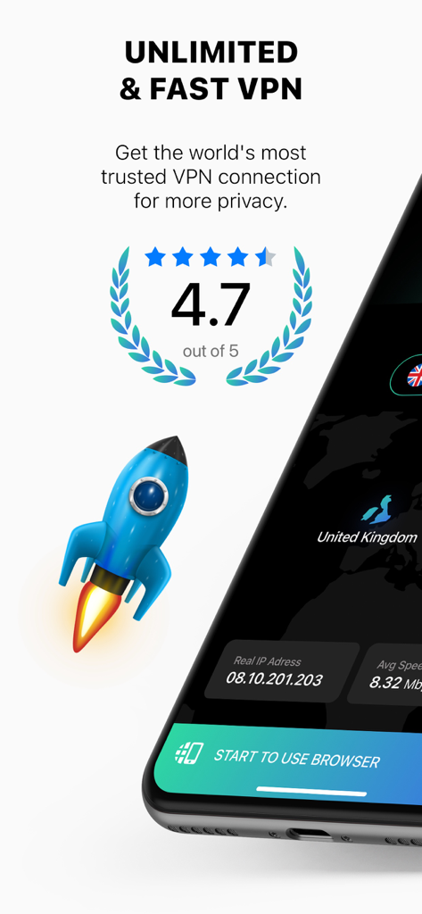 VPN Super Unlimited - Secret - App VPN Super Unlimited Secret con velocità di connessione elevate e un alto punteggio utente di quattro punto sette stelle.