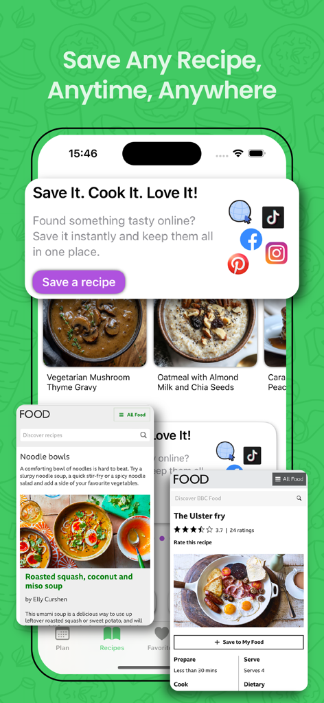 Mobile app interface for Recipe Hub showing the recipe importer feature and saved meal recipes from social media.
