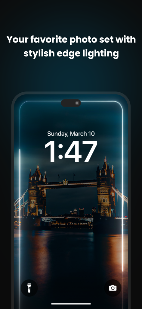 Ein iPhone-Sperrbildschirm mit einem nächtlichen Foto der Tower Bridge mit einer stilvollen, weiß leuchtenden Randanimation.