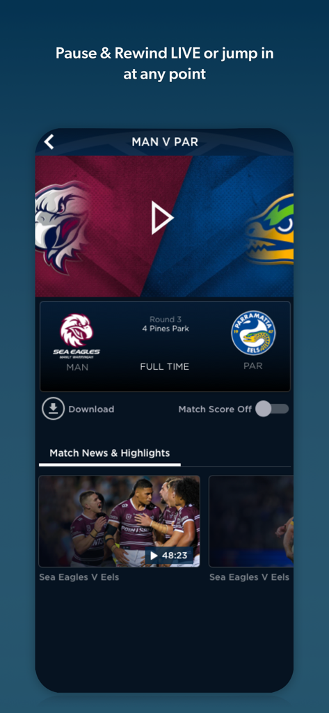 Watch NRL - Watch NRL app interface displaying rugby league match replay and highlights