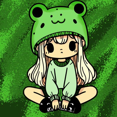 a girl wearing a frog hat and some frog socks