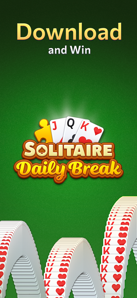 Solitaire Daily Break - Pantalla promocional de Solitaire Daily Break mostrando el logo del juego con animaciones de cartas sobre un fondo verde