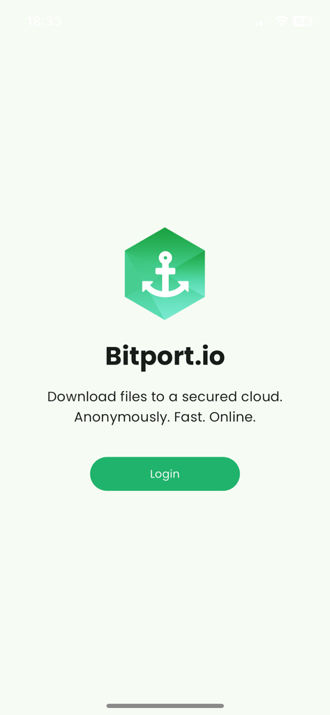 Bitport app welcome screen featuring the green anchor logo and a login button