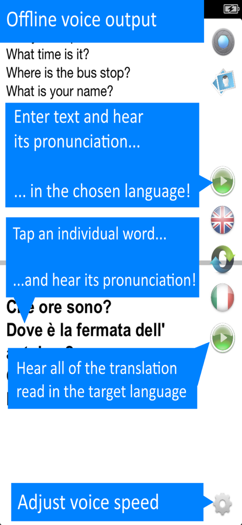 Translate Offline: Italian Pro - Features for offline voice output and pronunciation in the Italian Pro translation app