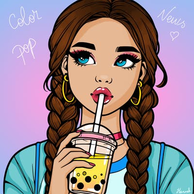 realistic girl with braided hair drinking boba