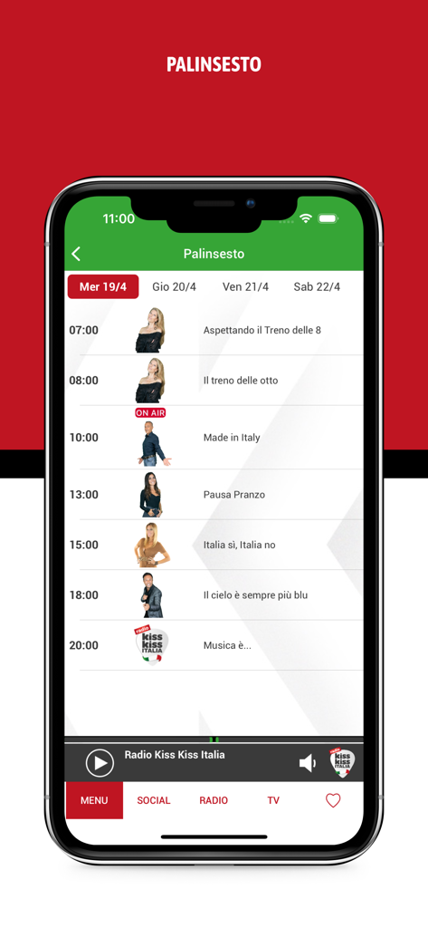 Kiss Kiss Italia - Kiss Kiss Italia mobile app screen showing the daily radio program schedule with host photos and show times